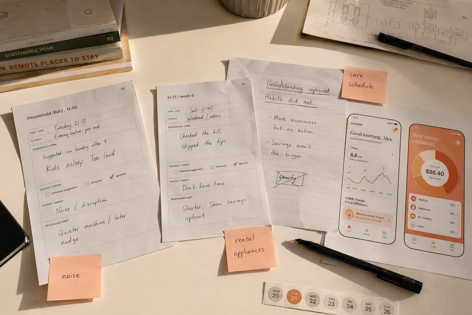 Current household diary sheets describing impractical late-night laundry advice and declining interest in recommendations