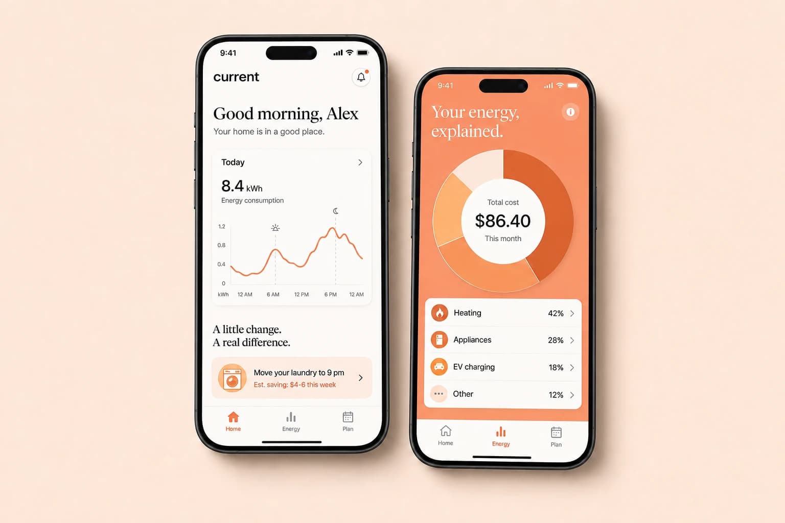Current mobile app with daily energy use and a clear breakdown of home energy costs
