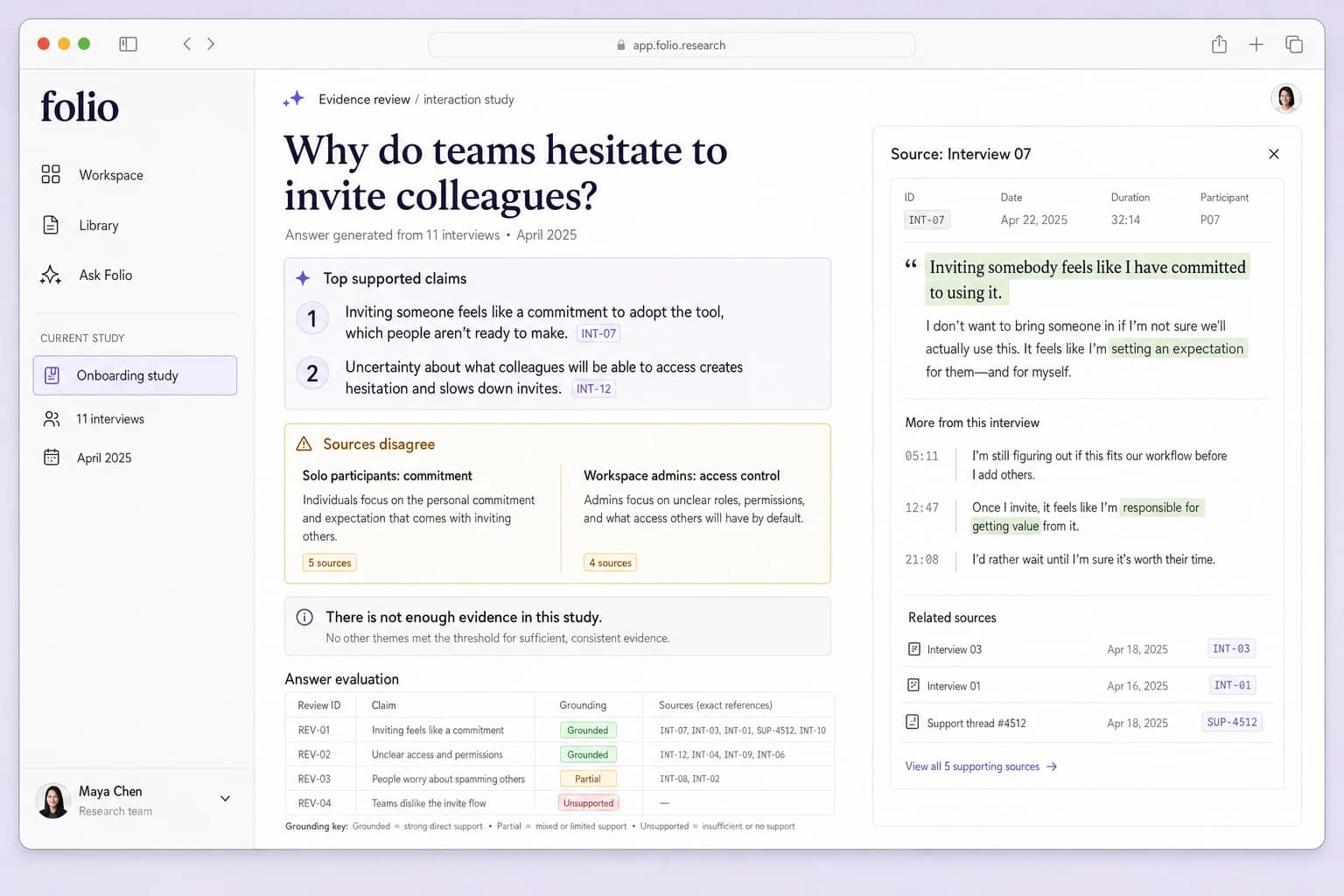 Folio evidence review interface with selected claims, interview excerpts, conflicting sources, and an evaluation table