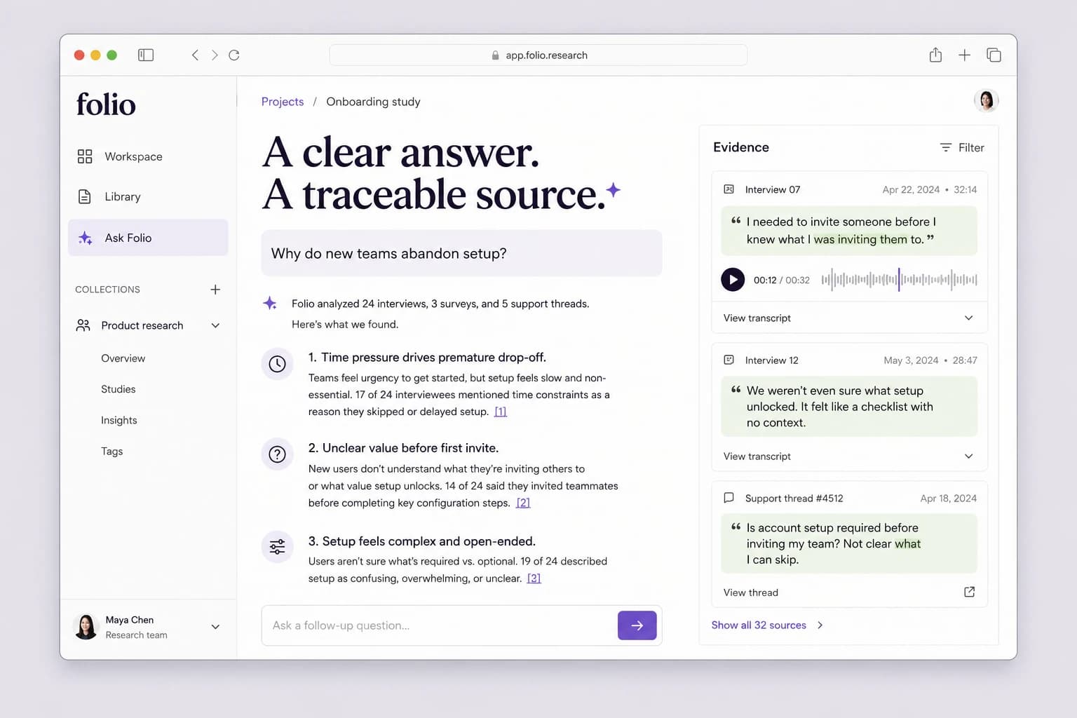 Folio AI research workspace showing a cited answer alongside interview evidence