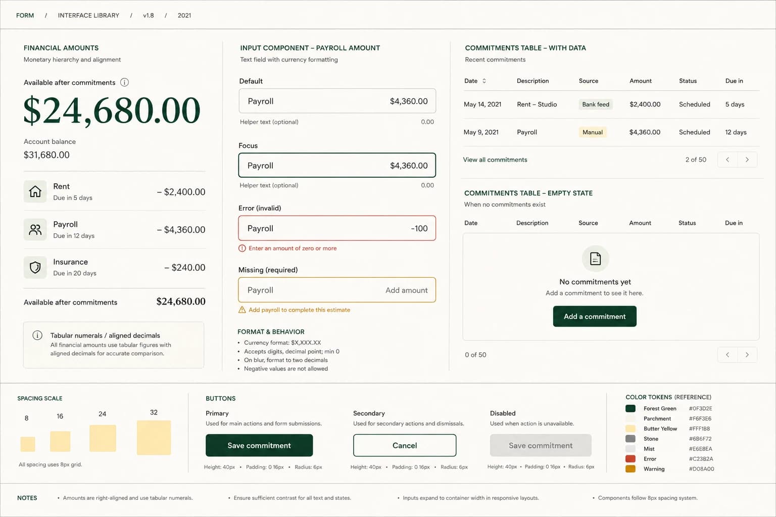 Form financial component library with tabular numerals, payroll input states, data tables, and spacing rules