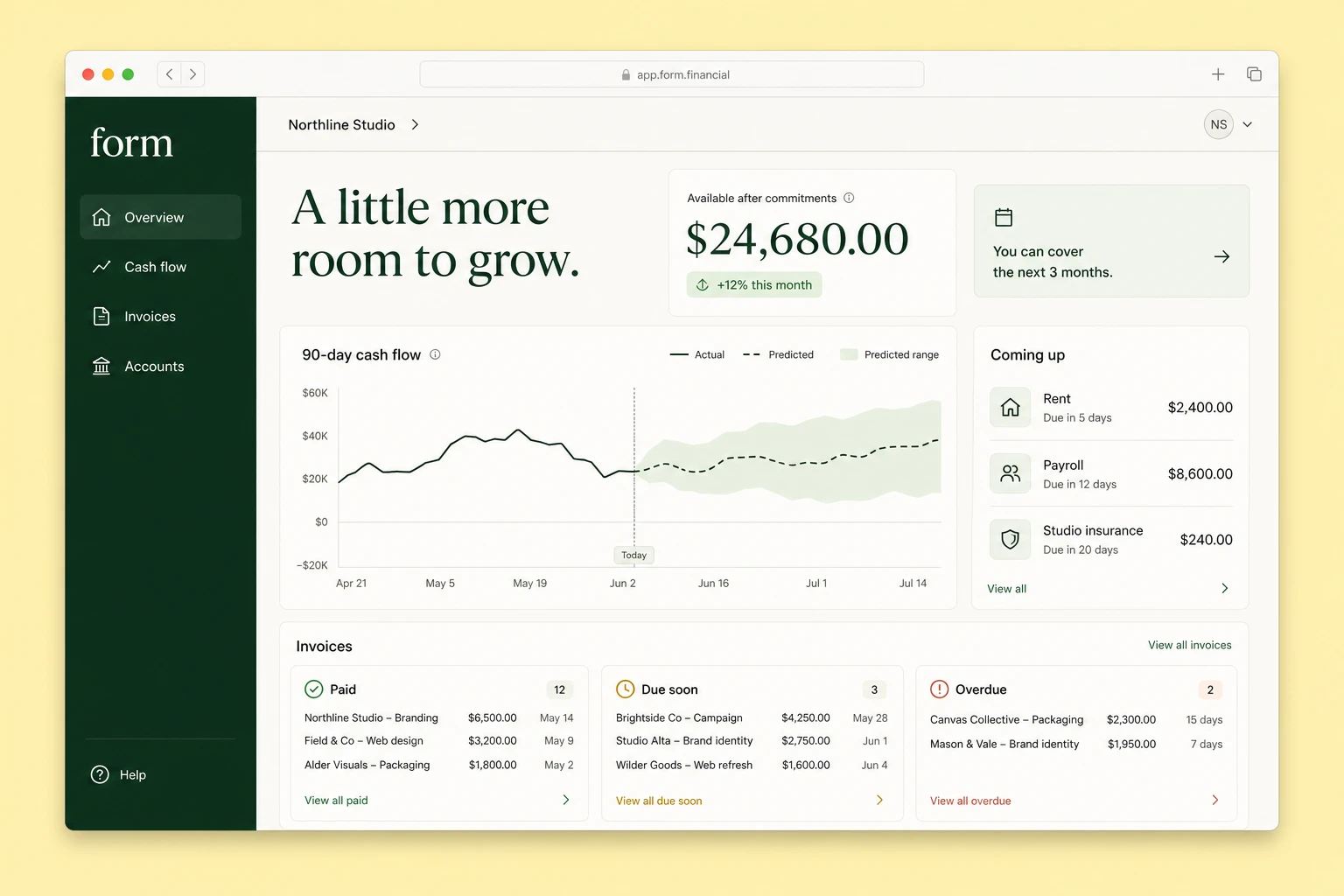 Form business finance dashboard showing cash remaining after commitments and upcoming expenses