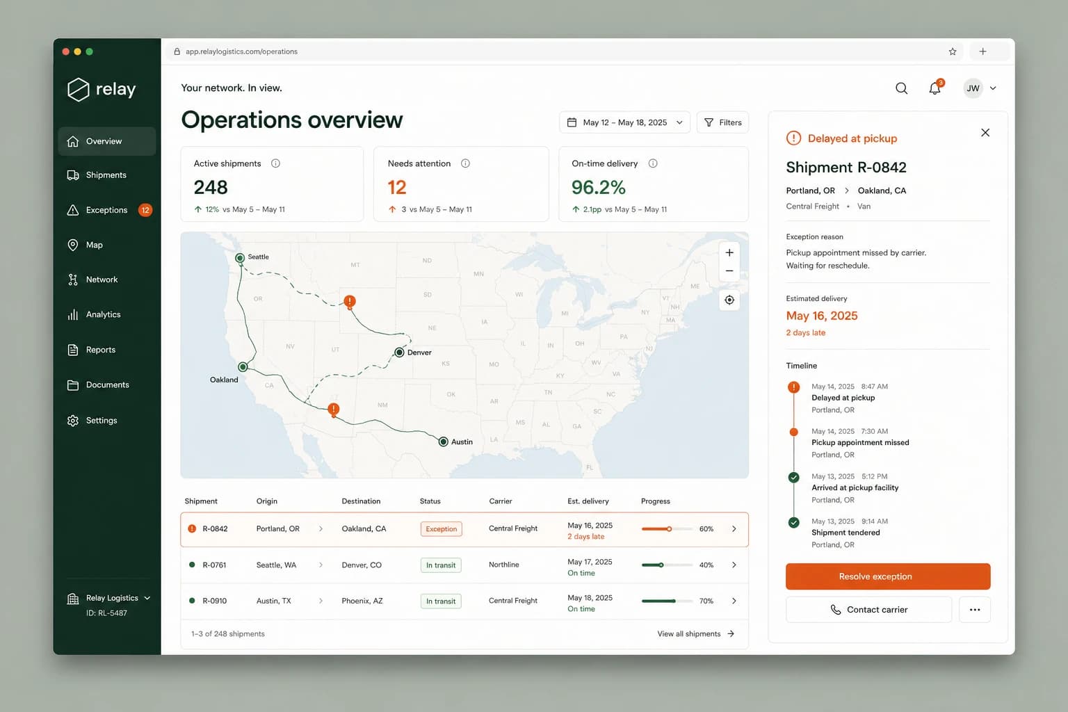 Relay shipment dashboard showing the network map and an exception resolution panel