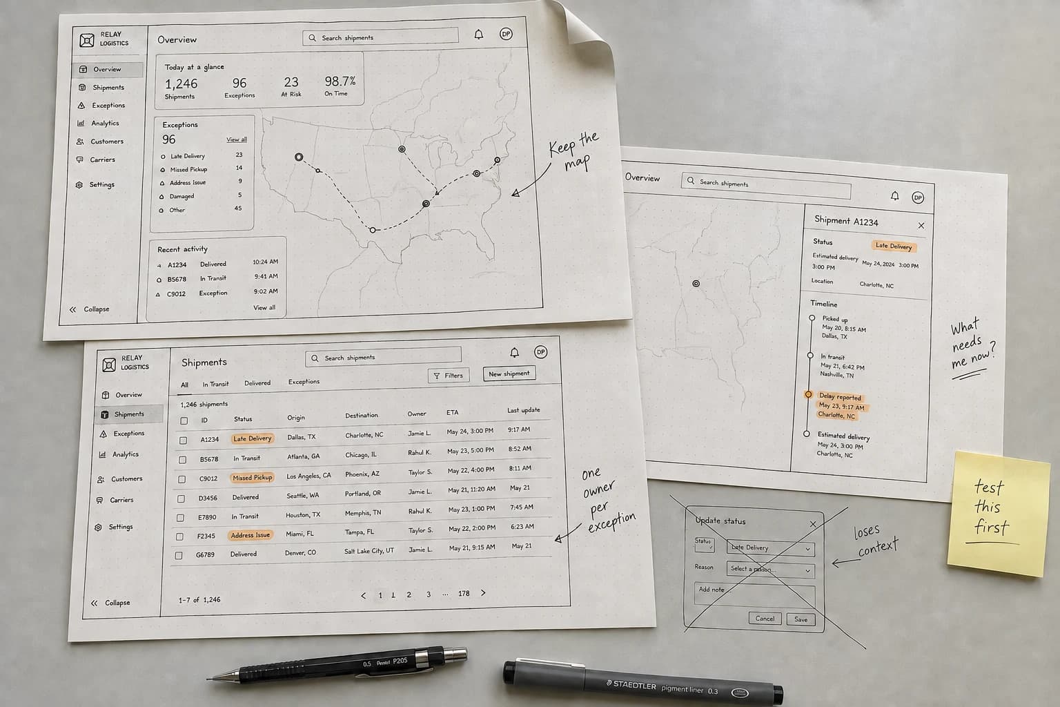 Relay paper explorations comparing a map, a full detail view, and an exception drawer