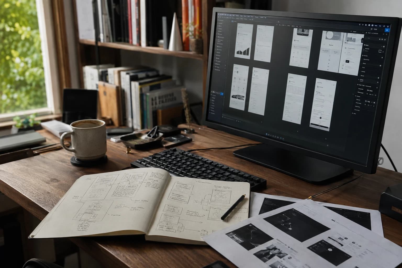 A home studio desk with interface explorations, a notebook, and reference printouts